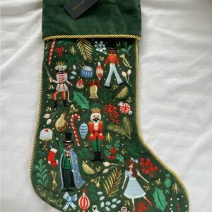 Rifle Paper Co. Green Nutcracker Embroidered Holiday Stocking with Gold Trim